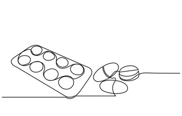 Continuous line drawing of medicine.Isometric single-line drawing of capsules and pills, including painkillers, antibiotics, vitamins, and aspirin in a modern minimal style.