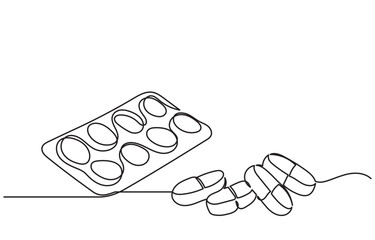Continuous line drawing of medicine.Isometric single-line drawing of capsules and pills, including painkillers, antibiotics, vitamins, and aspirin in a modern minimal style.