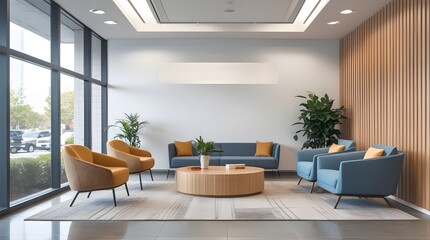 Fototapeta premium A modern office lobby with a cozy seating area featuring a brown sofa and two matching armchairs around a round coffee table. 