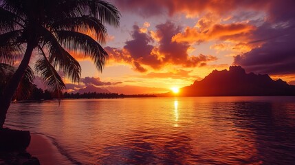 Stunning tropical sunset landscape with palm trees and orange sky red sea calm view ocean beach water