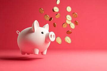 Piggy bank with falling golden coins, money saving concept