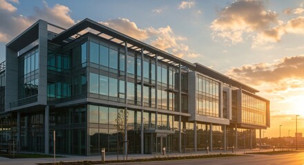 Fototapeta premium Modern Office Building at Sunset Architectural Design and Commercial Real Estate