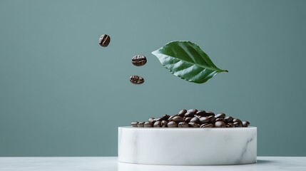 Coffee beans and green leaf levitating above a white marble pedestal against a blue background