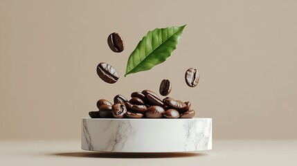 A pile of coffee beans on a marble stand with a green leaf and coffee beans floating around it