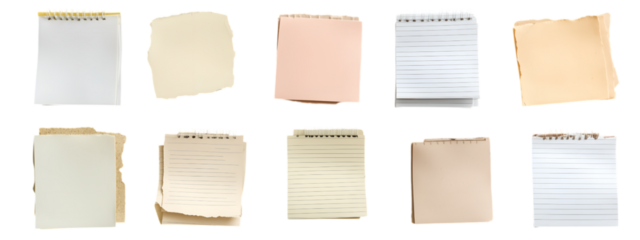 Scrap of Notes Collection: A diverse collection of torn and aged notepaper, capturing textures and various tones, representing concept of memory, record, and information on the various paper sheets.