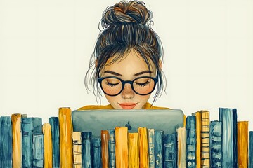 Woman studying behind a stack of books