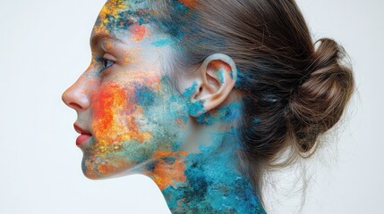 Painted Portrait: An artistic portrait of a woman adorned with vibrant splashes of color, representing creativity, self-expression, and individuality.