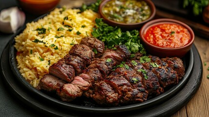 Delicious Middle Eastern Cuisine â€“ Grilled Meat Platter, Aromatic Rice, and Naan 