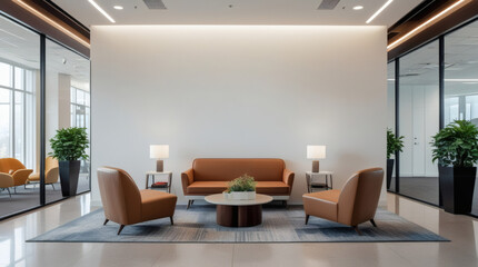 Fototapeta premium A modern office lobby with a cozy seating area featuring a brown sofa and two matching armchairs around a round coffee table. 