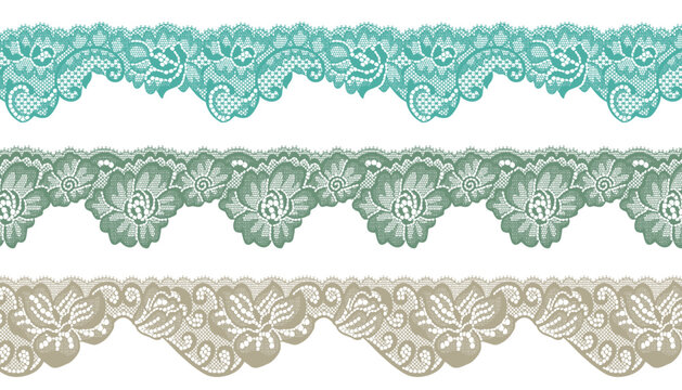 Three pieces of lace trim with scalloped edges in different colors.