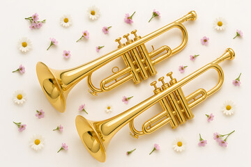 Obraz premium Two golden trumpets decorated with small white and pink flowers on light background, musical instruments, creative flat lay, elegant brass horns, music and celebration concept 