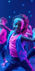 Smiling Girl Dances in Vibrant Blue and Purple Lighting