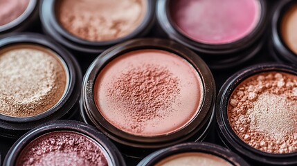 A close up view of assorted powder makeup containers in various shades and textures together