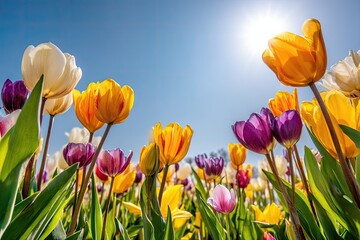 Fototapeta premium Vibrant tulips against a bright sky