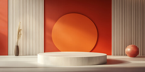 Modern geometric podium scene with orange sun circle, vertical panels, and natural decor