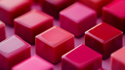 A close up of many small red and pink cubes arranged in a grid pattern on a pink surface