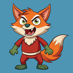 A bold cartoon fox stands with a fierce expression, wearing a green outfit and striking a confident pose, radiating energy and playfulness.