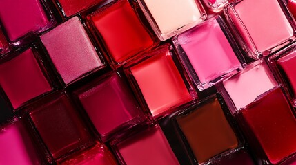 An overhead view of many square bottles of nail polish in various shades of pink and red colors