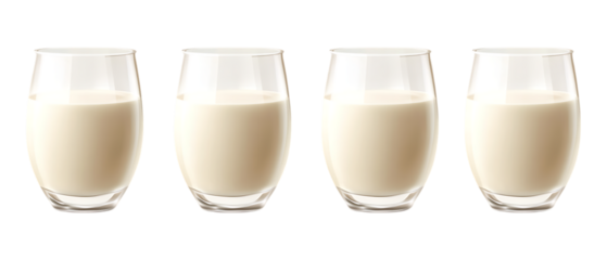 Four elegant stemless glassware tumblers filled with a creamy white beverage are arranged in a horizontal row.