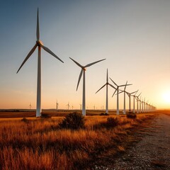Obraz premium Golden Hour at Wind Farm: Captivating Landscape of Turbines Against Soft Warm Light and Expansive Horizon in a Peaceful Rural Setting