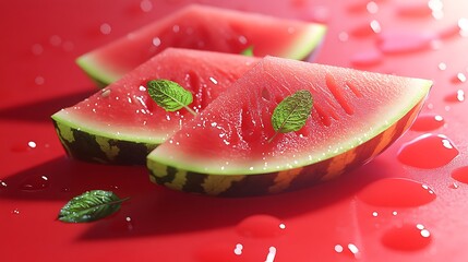 Three watermelon slices with mint leaves on a red background and water droplets around them
