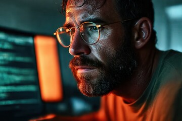 Focused man with glasses and beard intently working on a computer at night with glowing orange and blue light reflecting on his face and screen