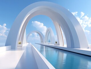 Fototapeta premium Futuristic white arch bridge over water in a cinematic setting