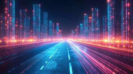 Cyber City Highway: An artistic illustration depicting a futuristic city highway, with digital data streams transforming the cityscape and the road.