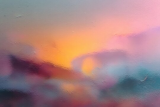 Blurred colorful sunset or sunrise scene viewed through a textured wet glass surface creating a soft dreamy and abstract atmosphere