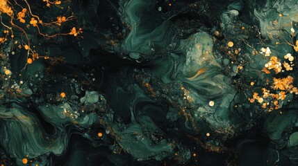 Abstract epoxy resin art, dark green, gold, flowing swirls, background design for website