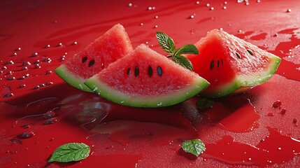 Three watermelon slices with mint leaves on a vibrant red surface with water droplets around them