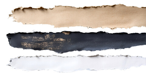 Naklejka premium Paper Tear Abstract: A trio of torn paper strips, each displaying unique textures, colors, and edges, offers a modern, minimalist, and versatile design element. Perfect for conceptual projects.