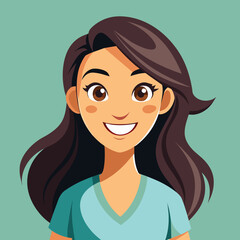 A vibrant woman with brown hair and green eyes expresses joy, wearing a teal top. The backdrop is a soothing light blue, enhancing her cheerful demeanor.