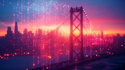 Digital Dawn over the Cityscape: The iconic bridge dominates a cityscape at dawn, its silhouette framed against a dynamic digital overlay, signifying interconnectedness and technological innovation.