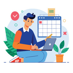 Young man with computer fills schedule calendar vector 
