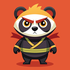 The cartoon panda, featuring striking colors and a fierce look, stands proudly with an armor-like outfit, embodying a playful yet determined warrior spirit, ready for adventure.