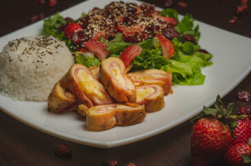 Gourmet Chicken Rolls with Strawberry Quinoa Salad and Rice