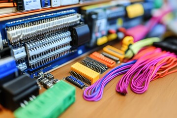 An Array of Electronic Components and Colorful Cables on a Wooden Surface