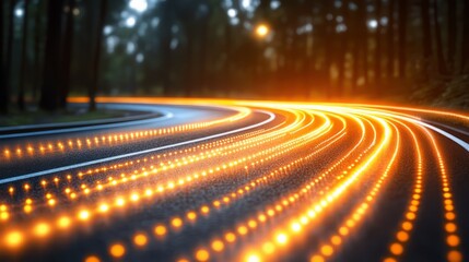 Fototapeta premium Night Road Lights Trails: Abstract light trails illuminate a winding road through a dark forest at night, creating a dynamic and captivating scene.