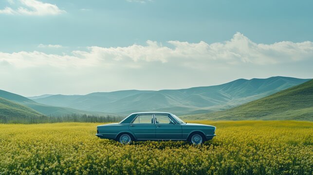 Vintage car driving through scenic fields countryside photography daylight wide shot nostalgia and freedom