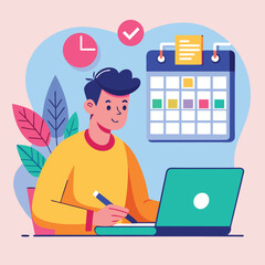 Young man with computer fills schedule calendar vector 