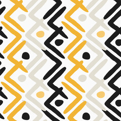 Boho Geometric Lines Seamless Pattern in Black and Yellow Colors on White Background. Hand drawn modern pattern for textile, fabrics, wrapping paper