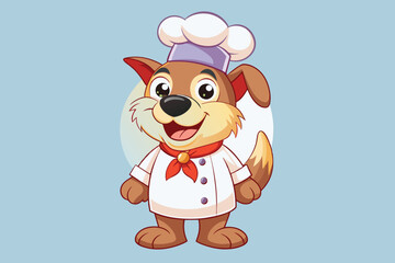 Fototapeta premium A delightful cartoon dog wearing a chef's hat and coat stands with a big smile, ready to create tasty dishes in a colorful kitchen atmosphere.