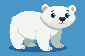 Obraz premium A friendly cartoon polar bear stands on a blue background, showcasing a joyful demeanor with big blue eyes, perfect for capturing children's attention and fostering a love for wildlife.