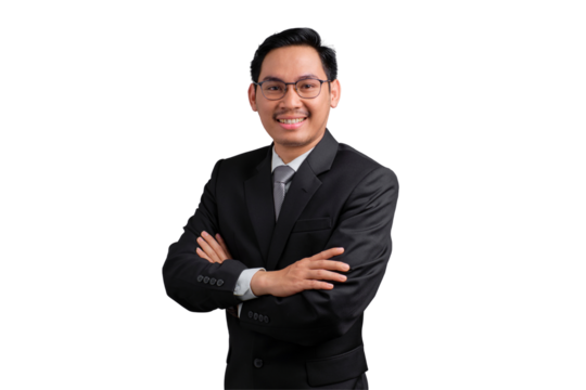 Confident Asian businessman smiling with arms crossed, isolated on transparent background