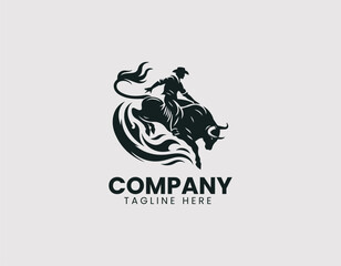 Dynamic Bull Rider Silhouette in Action Rodeo Sport Vector Logo Design