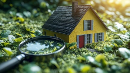 Naklejka premium Home Under the Magnifying Glass: A miniature yellow house sits nestled in a lush green bed of moss, with a magnifying glass nearby, evoking themes of property search, home inspection.