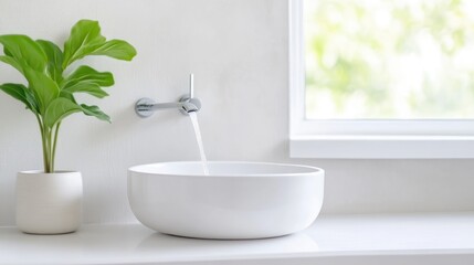 Fototapeta premium Modern white ceramic vessel sink with running water from a chrome faucet in a minimalist bathroom interior next to a green potted plant.