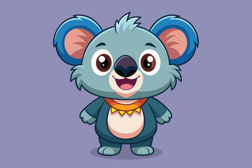 A cheerful cartoon koala is smiling broadly. It features large, expressive eyes, a small nose, and wears a bright orange collar, set against a simple purple backdrop.