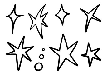 Obraz premium Hand Drawn Sparkle and Starburst Icon.A set of 8 abstract black line sparkles and stars including diamond glows, starbursts, twisted flares, and decorative dots in a playful hand drawn style